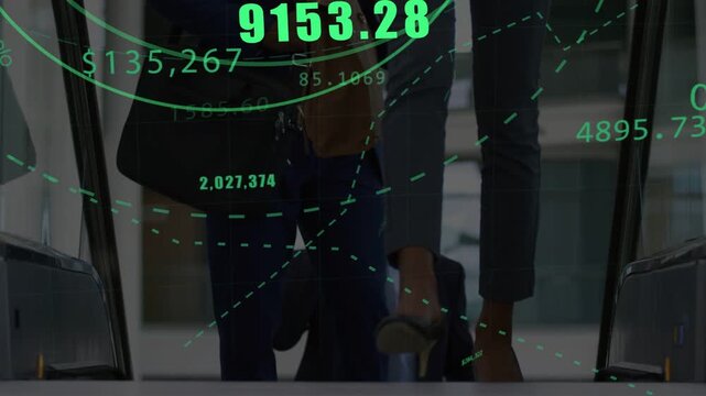 Woman stepping off escalator leading colleagues to meeting, green financial overlays tracking shoes