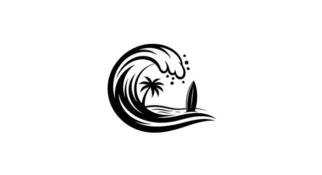 Black surf wave icon with palm tree.