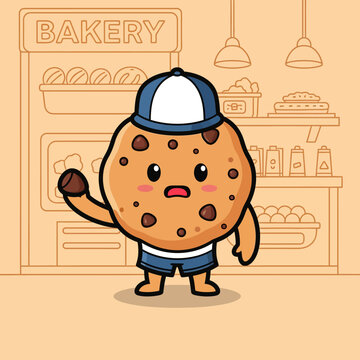 Adorable cartoon cookie character wearing a baseball cap and shorts.