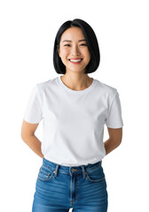 Obraz premium Young east asian woman with a jet-black bob, radiant smile, white t-shirt, blue jeans, confident pose in a transparent studio, authentic joy and self-assurance