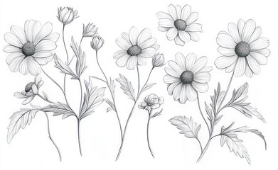 Obraz premium delicate pencil sketch of multiple blooming daisy flowers, buds, slender stems and textured leaves in soft grayscale, evoking calm natural elegance and gentle serenity