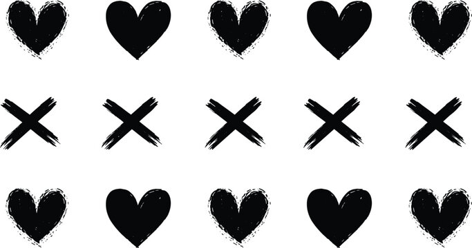 Hand Drawn Black Hearts and Cross Marks Seamless Pattern Background for Valentine's Day and Romantic DesignsHand Drawn Black Hearts and Cross Marks Seamless Pattern Background for Valentine's Day and 