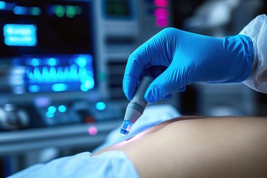 Gloved hand performing precise blue light medical treatment on a patient's bare back with monitoring equipment in a calm clinical setting