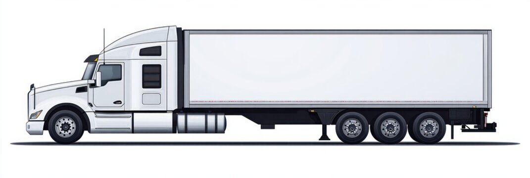 white semi truck with sleeper cab and long box trailer in side profile, clean isolated view conveying strength and reliability