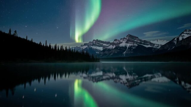 A serene lake reflecting vibrant northern lights above snow capped mountains at night