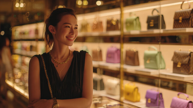 A sophisticated woman with a warm smile is seen in a high-end boutique, browsing luxurious handbags in a showcase, representing the joy of shopping and retail therapy.