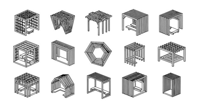 architectural structures outdoor shelters modern design isometric vector art. geometric patterns for public spaces.