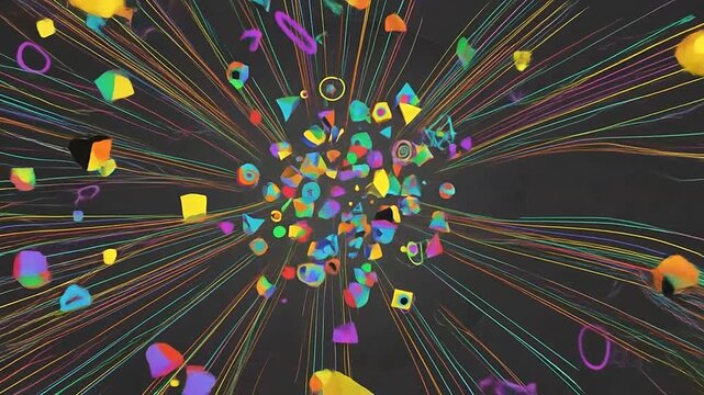 Abstract explosion of colorful geometric shapes and lines emanating from a circular portal