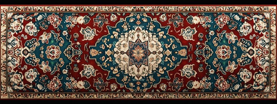 long ornate oriental runner rug with central medallion, floral motifs and intricate cream border on red and teal background conveying elegant warm classic feeling