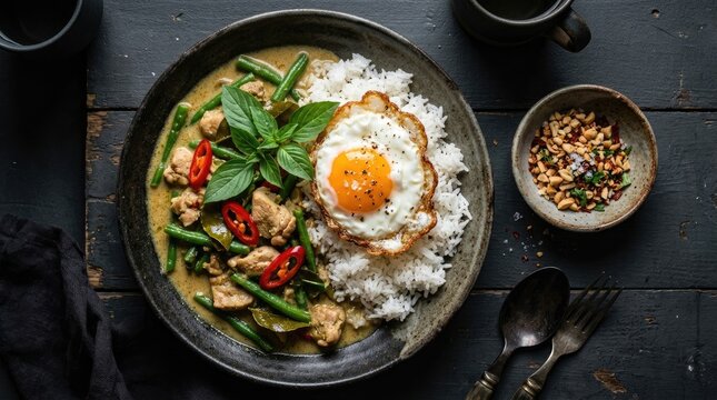 Delicious thai food khao pad krapow kai dao stir fried holy basil with rice and fried egg