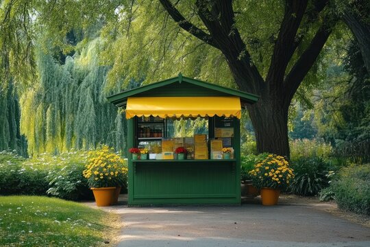 green park kiosk with yellow awning and potted yellow flowers beneath a large leafy tree, peaceful inviting concession stand in a lush garden