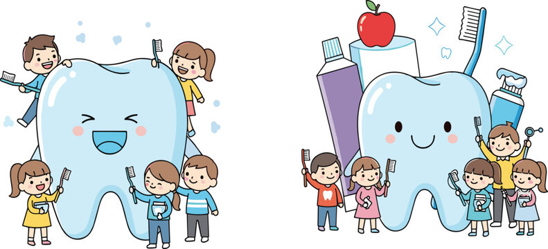 Cute children characters brushing giant teeth with toothbrush toothpaste and apple for pediatric dental health and hygiene education.