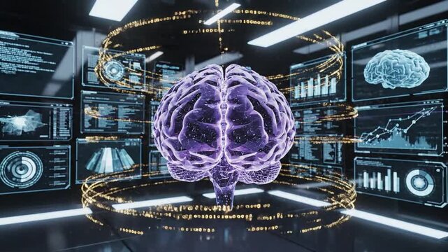 Futuristic digital brain visualization with glowing neural network and data streams.