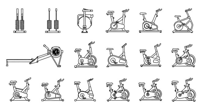 various gym equipment vector icons showcasing exercise bikes a rowing machine and fitness machines for training and active lifestyle.