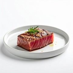 Fototapeta premium A small dish of seared tuna steak placed in the bottom right corner on a white background. Soft natural lighting enhances the realistic texture and seared surface.