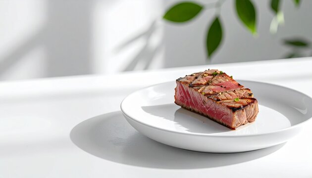 A small dish of seared tuna steak placed in the bottom right corner on a white background.
Soft natural lighting enhances the realistic texture and seared surface.