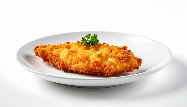 A single crispy fried fish fillet on a plain white plate positioned in the bottom corner.
White studio background with soft shadow enhances texture and detail.