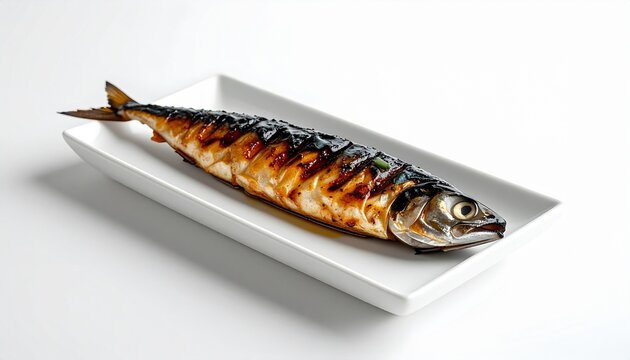 One grilled mackerel fillet placed on a small rectangular white dish at the edge of the frame.
Minimal white background with natural light enhances realistic texture and grilled details.