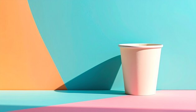 A single paper cup placed in the corner against a bright summer matte gradient background.
