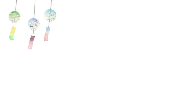 Watercolor wind chime swaying gently, seamless loop animation,4K (10sec), Japanese summer background with copy space/水彩風鈴のシームレスループ背景 コピースペースあり 日本の夏 風鈴アニメーション よこ