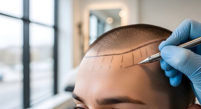 Hair transplant planning with doctor marking hairline on male scalp in clinic