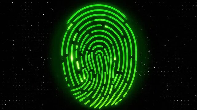 A glowing green fingerprint symbol is displayed against a dark, speckled background