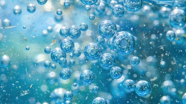 Macro shot of transparent blue bubbles suspended in fresh water