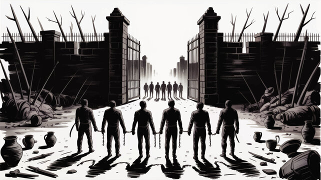 Dark dystopian prison yard with chained prisoners facing open fortress gate, dramatic shadows, ruined walls and apocalyptic city