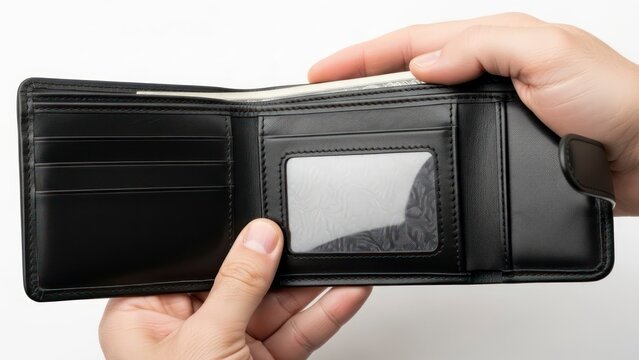 Hands holding an open black wallet showing its compartments with copy space