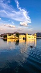 Fototapeta premium A majestic palace on a serene lake with mountains