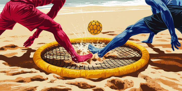 Colorful beach spikeball game illustration, dynamic summer sports action with splashing sand, athletic players and yellow net