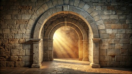 Naklejka premium Stone archway passage with radiant sunlight illuminating the pathway ahead