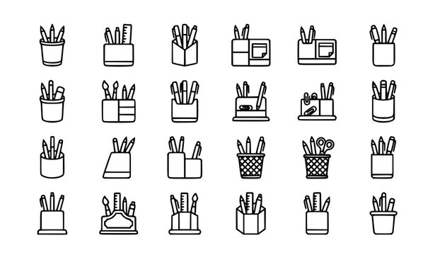 Pencil holder line icons set with pen cup and stationery organizer symbols in modern thin outline style for web and app design