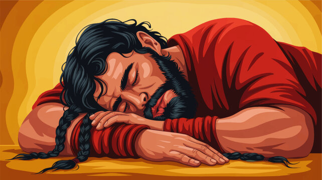 Peaceful bearded man sleeping illustration, long braided hair, warm yellow background, tranquil rest and relaxation concept art