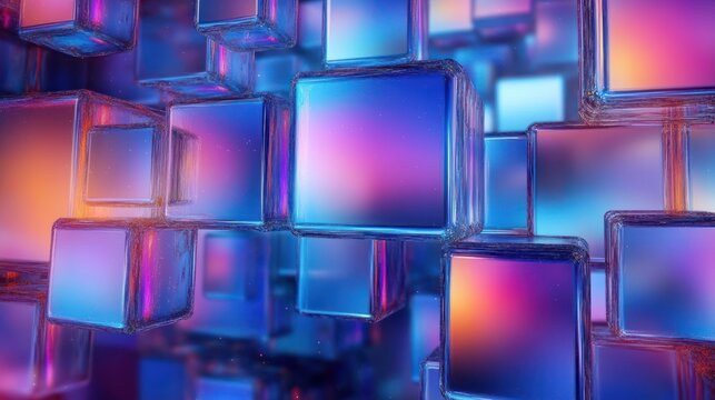 clusters of translucent glass cubes with glowing neon gradients floating in a surreal futuristic space