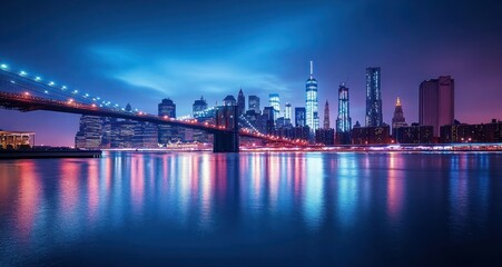 Obraz premium serene nighttime city skyline with illuminated suspension bridge, glowing skyscrapers and vibrant blue and purple reflections on calm river