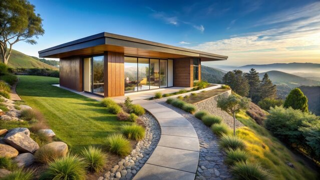 Modern hillside residence with panoramic views and sleek design features a tranquil pathway leading to a glass-walled living space overlooking a serene landscape