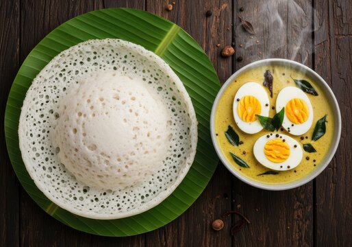 Appam is served with spicy egg curry on a green banana leaf against a rustic wooden background.