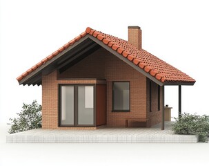 Fototapeta premium cozy small red brick cottage with gabled terracotta tile roof, chimney, covered porch with supporting post, sliding glass doors, bench, patio and surrounding shrubs, calm inviting mood