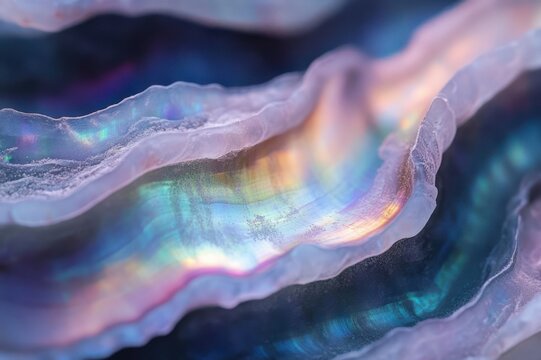 close-up of iridescent layered abalone shell interior with shimmering pastel rainbow nacre, wavy organic texture, serene and mesmerizing