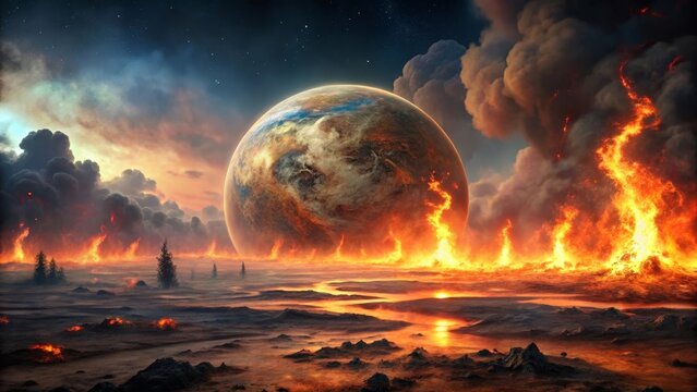 A fiery, desolate landscape unfolds beneath an enormous planet, engulfed in flames and ominous smoke, a scene of planetary devastation and apocalyptic destruction.