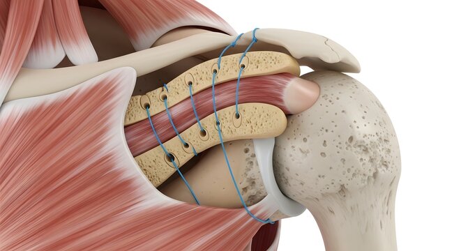 Rotator cuff tear repair with suture anchors in shoulder joint medical illustration