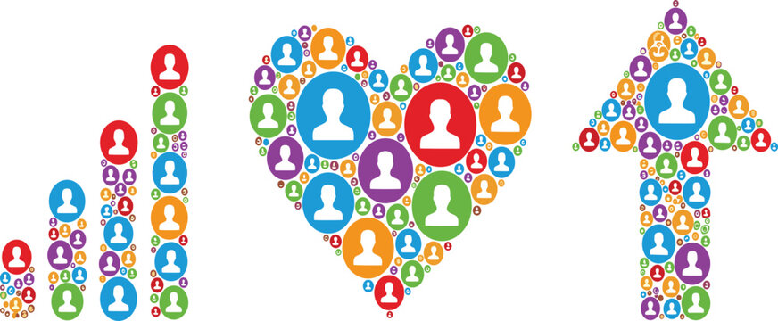 Abstract chart heart and arrow shapes composed of colorful social network people icons representing growth love and progress.
