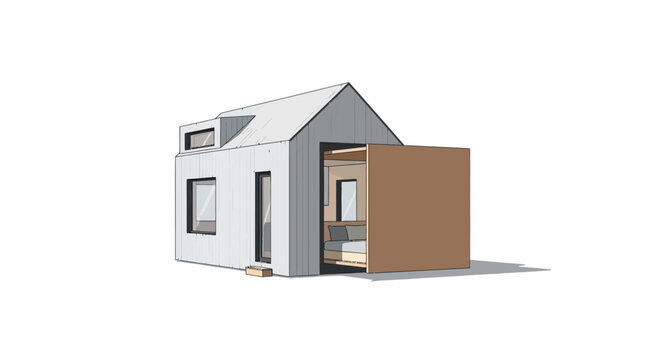 Modern Tiny House Architectural Illustration with Modular Wood Extension Isolated on White Background
