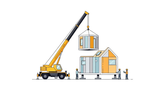 Modern Modular Prefab House Construction Illustration. Mobile Crane Lifting Building Module with Construction Workers and Engineers. Sustainable Housing Concept.