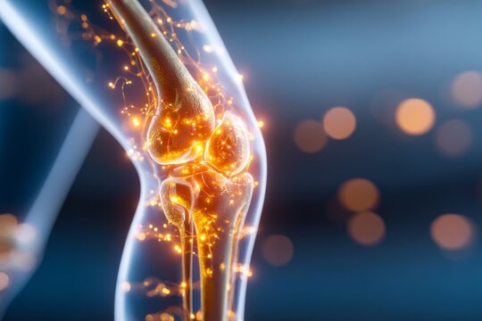 Detailed Close-up of Knee Joint Structure Featuring Softly Glowing Cartilage Layers and Connective Anatomy