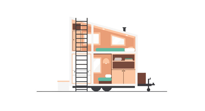 Minimalist Tiny House on Wheels Illustration - Cross Section of Small Sustainable Home Interior