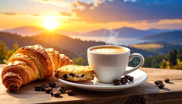 A serene breakfast setup with croissant and coffee at sunrise