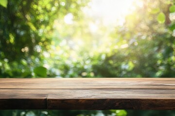 Fototapeta premium empty rustic wooden table with textured horizontal planks in front of sunlit blurred green foliage, peaceful inviting warm morning garden scene
