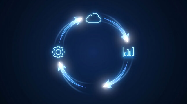 Glowing blue circular diagram with cloud gear and bar chart icons on dark background representing data cycle and process flow